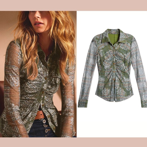 NWT $295 RAMY BROOK [ Small ] Hamilton Mesh Long Sleeve Top Sage Tartan 7136 - Picture 2 of 16